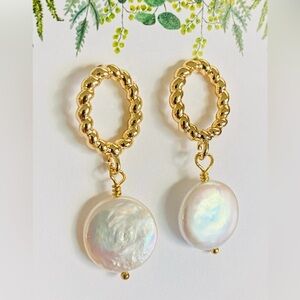 Coin Pearl genuine freshwater Pearl drop earrings
